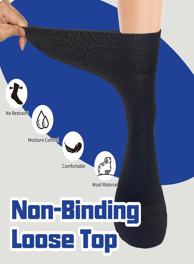 Facool Diabetic Socks for Men Women, Merino Wool Soft Padding Breathable Moisture-Wicking Non-Binding Loose Fit Top Socks, 3 Pairs Black Large - Image 2